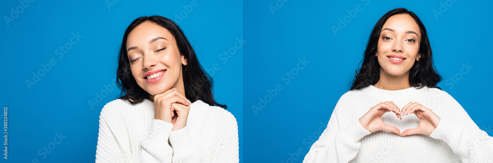 collage of cheerful woman in sweater with closed eyes showing heart sign isolated on blue collage of cheerful woman in sweater with closed eyes showing heart sign isolated on blue