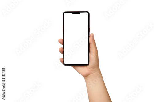 Man hand holding a black smartphone and white screen isolated on white background.clipping path
