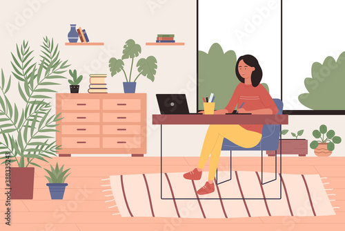 Freelance happy young woman freelancer character working with laptop at home or cozy hugge office vector illustration