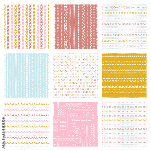 Vector seamless pattern pack Set of childish suface backgrounds Trendy customized colours Childhood hipster theme, scandinavian style geometric abstract pattern pack For printing on paper and fabric.
