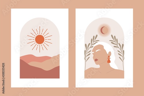 Abstract feminine posters. Boho contemporary wall art banners, hand drawn wallpapers interior decoration. Vector illustration