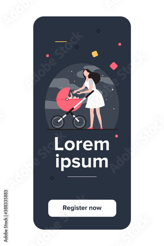 New mom walking with stroller. Mother reaching hands to baby in pram flat vector illustration. Love, motherhood, childcare concept for banner, website design or landing web page