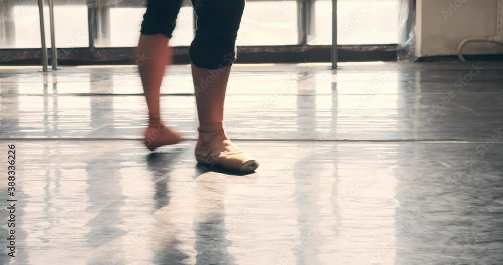 Low section of ballet dancer practicing on tiptoe at dance hall Low section of ballet dancer practicing on tiptoe at dance hall