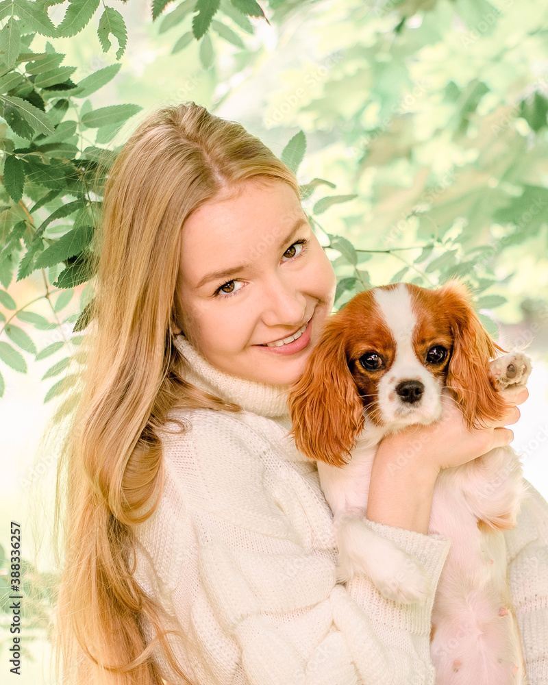 Portrait happy blonde girl with long hair holding cute Purebred puppy Cavalier King Charles Spaniel. Tree leaves on summer morning in light outdoors sun with natural blurry background, close-up Portrait happy blonde girl with long hair holding cute Purebred puppy Cavalier King Charles Spaniel. Tree leaves on summer morning in light outdoors sun with natural blurry background, close-up