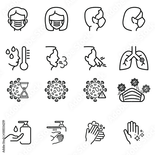Set of simple vector linear icons. Coroavirus protection. Consists of such icons: protective measures, coronavirus prevention, coronavirus symptoms, incubation period, and others.