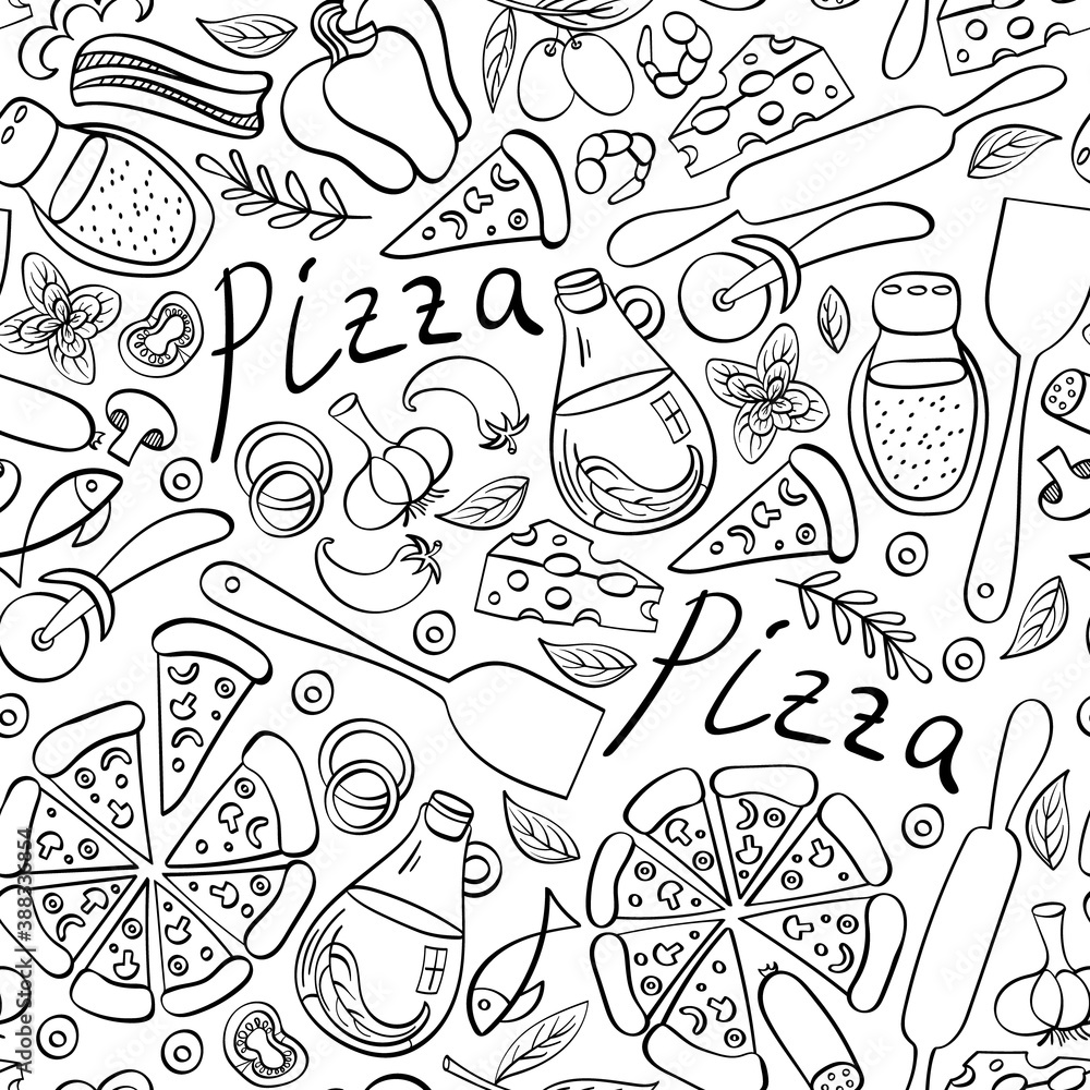 Pizza doodles seamless pattern. Black fastfood icons on white background. Vector illustration. vector de Stock | Adobe Stock Pizza doodles seamless pattern. Black fastfood icons on white background. Vector illustration. vector de Stock | Adobe Stock