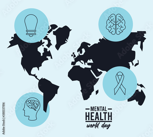world mental health day campaign with earth maps and icons