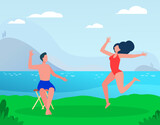 Joyful couple enjoying summer leisure time at sea. Seaside, water, nature, landscape flat vector illustration. Vacation, holiday, fun concept for banner, website design or landing web page