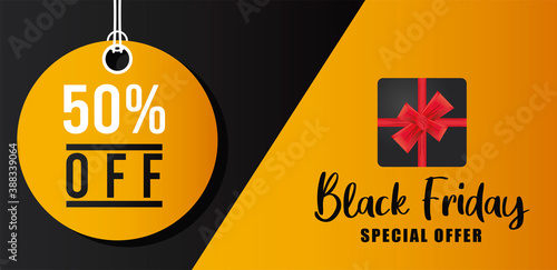 black friday sale banner with lettering in golden circular tag