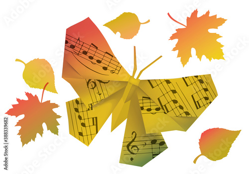 Origami butterfly with musical notes and autumn leaves. 
Illustration of paper model of butterfly in autumn colors symbolizing autumn mood. Vector available.