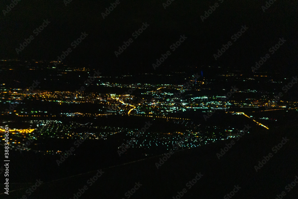 Aerial view of a city at night. City of Moscow made from airplane. selective focus