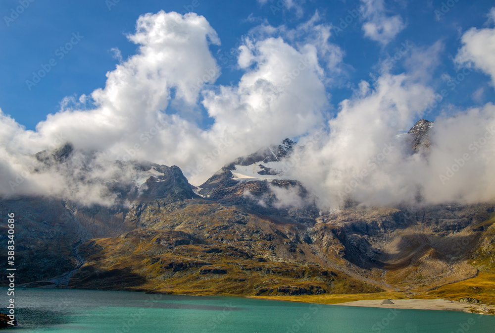 Landscape at Bernina Pass with the White Lake between Italy and Switzerland in summertime.