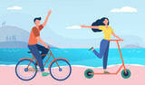 Happy couple riding bike and scooter outdoors. People moving along seaside flat vector illustration. Activity, transportation, eco transport concept for banner, website design or landing web page
