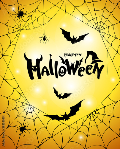 Happy halloween festive banner with spider web, bats and lettering inscription on orange background. Halloween card.