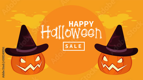 happy halloween celebration card with pumpkins wearing witch hats