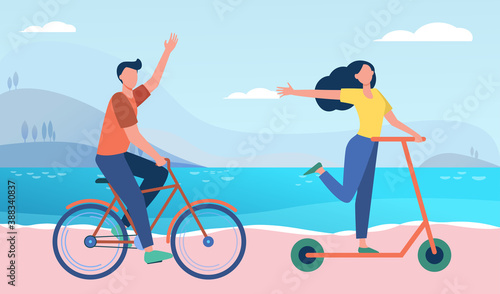 Happy couple riding bike and scooter outdoors. People moving along seaside flat vector illustration. Activity, transportation, eco transport concept for banner, website design or landing web page