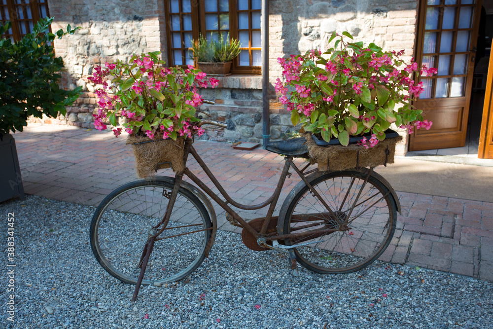 An old bicycle adorned with flower pots