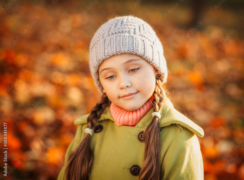 little girl on a background of autumn foliage. sad little girl on a background of autumn foliage. sad