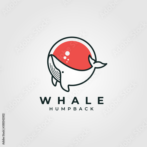 circle whale humpback logo vector illustration design, cute whale fish line art logo design