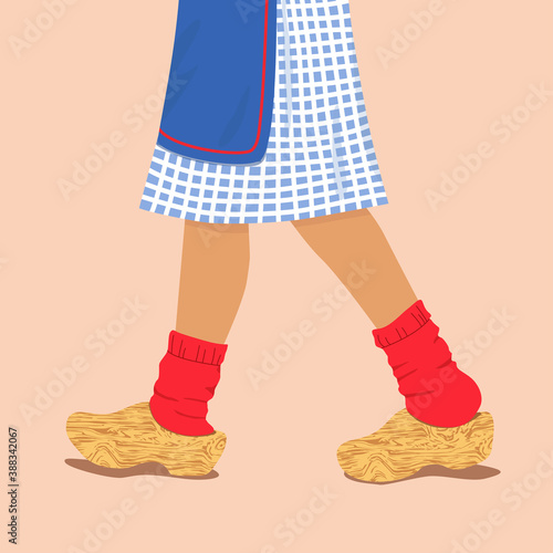 Woman legs in wooden dutch clogs. Female feet in traditional holland shoes, red woolen socks and national folk costume. Flat vector cartoon culture klomp illustration