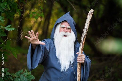 Photography A wizard with a long gray beard casts a spell in a dense forest