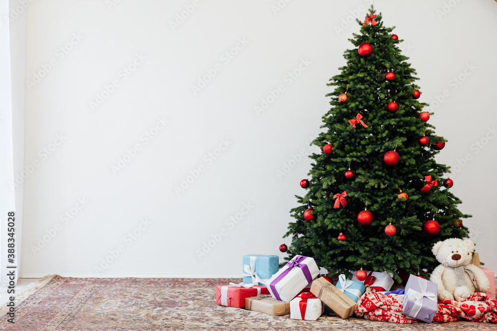 Christmas tree with gift decor for the New Year 2021 holiday winter place for inscription
