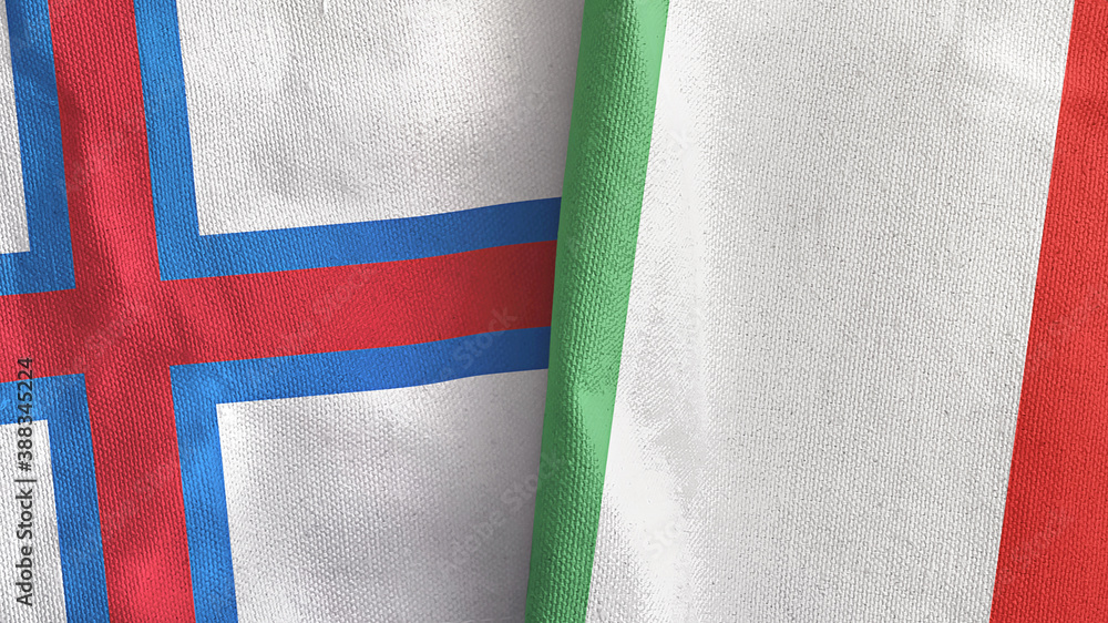 Italy and Faroe Islands two flags textile cloth 3D rendering