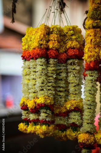 Flower necklace in the village of Vengurla. India. Maharashtra state. Taken on October 26, 2020