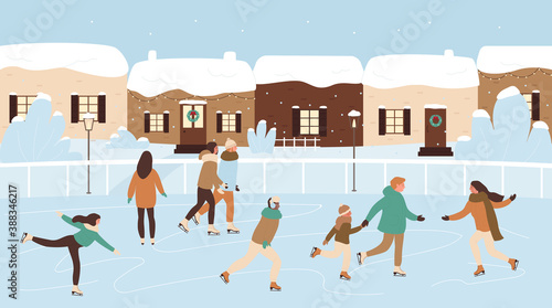 Happy people skating on ice rink vector illustration. Cartoon skater characters wearing skates, enjoy Christmas and New Years holiday activity and outdoor family winter xmas event concept background