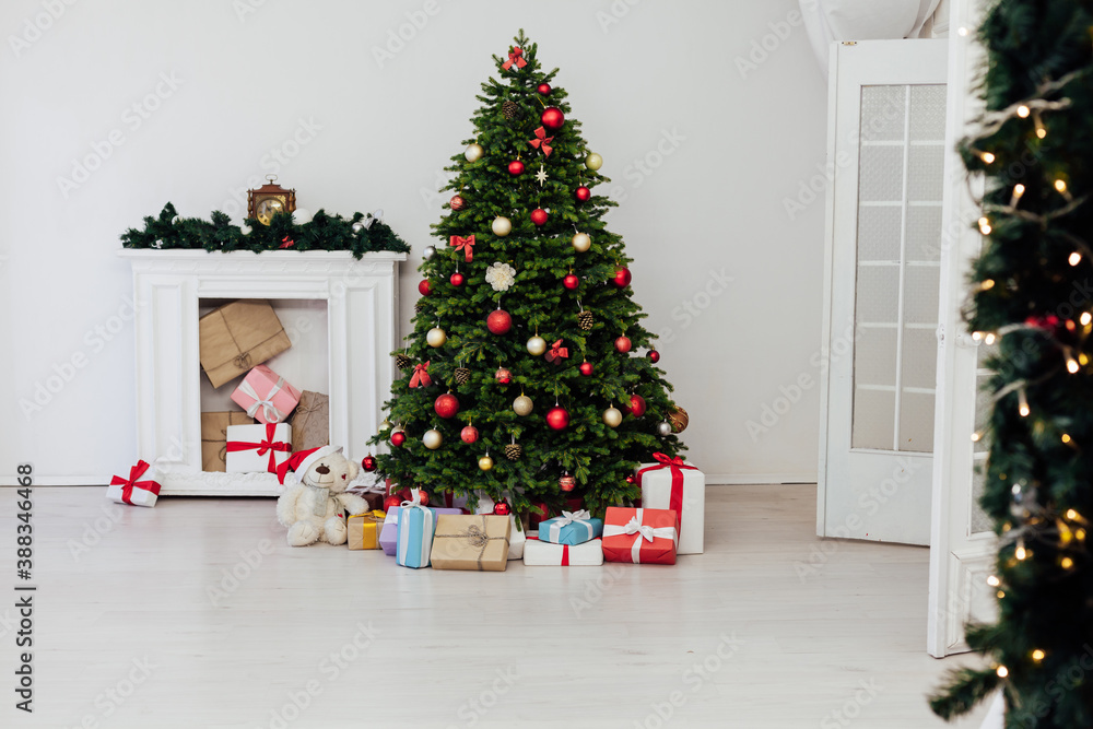 Christmas tree pine with gifts for the new year decor background place for inscription 2021 2022