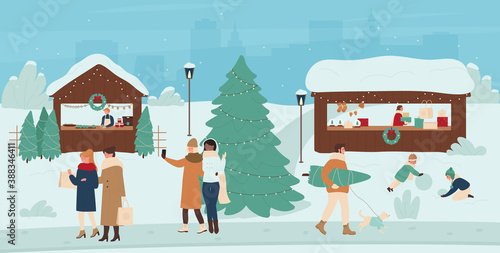 People at Christmas market vector illustration. Cartoon happy buyers characters walk past xmas festive stalls marketplaces of town street fair, buy food, Christmas tree for winter holidays background