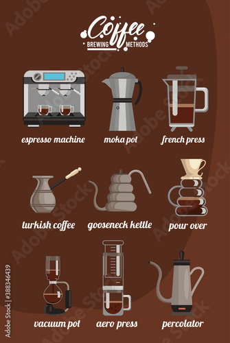 nine coffee brewing methods bundle set icons