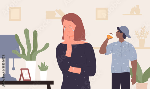 Beer alcoholic addiction vector illustration. Cartoon unhappy depressed mother character crying because of young teenage son drinking beer alcohol from bottle, alcoholism problem in family background
