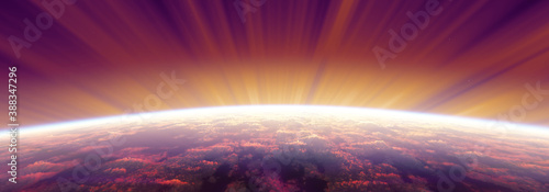 sunrise from space aurora, 3d rendering