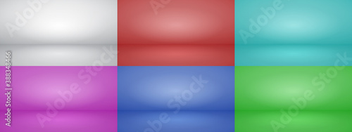 Set of empty studio backgrounds with soft lighting in white, red, light blue, purple, blue and green colors