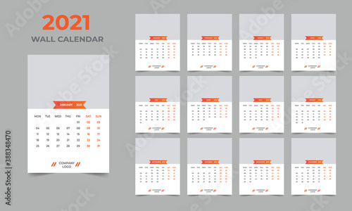 2021 Wall calendar design Set of 12 Months, Week starts Monday 