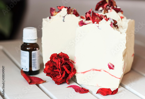 Home made soap ,made from vegetable oils, decorated with rose petals