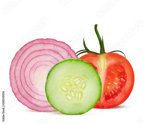 slice of fresh green cucumber, onions and tomato on a white background