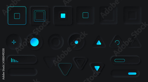 Control buttons with neon backlight. Media player interface, music or video bar, Ui navigation switchers of round, square and triangle shapes, volume, equalizers or sliders, Realistic 3d vector set