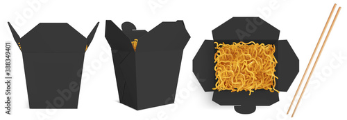 Wok box with noodles and sticks mockup, black take away food container, blank bag for chinese meal or fastfood top and front view. Paper open realistic 3d vector mock up isolated on white background