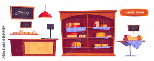 Cheese shop products and interior stuff, store with varieties of dairy or milky production on shelves with price tags, tasting desk, cashier, chalk signboard, Cartoon illustration, isolated icons set
