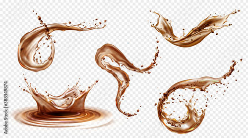 Splashes of coffee, tea or cola isolated on transparent background. Vector realistic set of liquid waves of falling and flowing brown water, whiskey or beer with drops and swirls