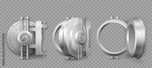 Bank safe vault door opening motion sequence animation. Metal steel round gate close, slightly ajar and open, isolated mechanism with welds and rivets. Gold and money storage, Realistic 3d vector set photo