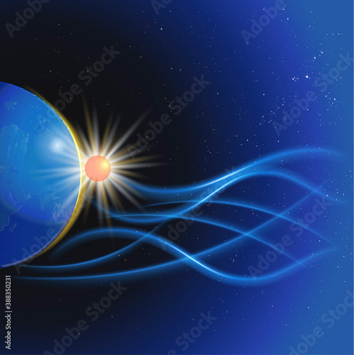 Earth and  sun connections galaxy stars science webspace communications networking shine glow waves technology vector image design render background template