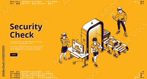 Security check isolated landing page with passenger pass airport control checkpoint with police officers scan baggage on conveyor belt with scanner, luggage detector 3d vector line art web banner