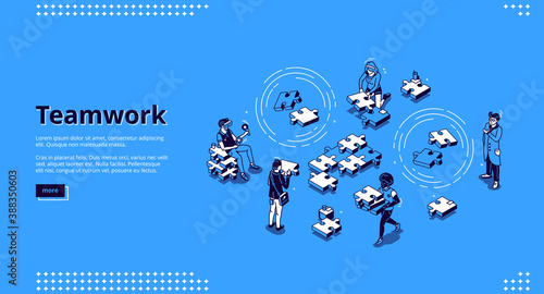 Teamwork isometric landing page. Business people team assembling separated puzzle pieces. Cooperation, partnership, creative collaboration of coworking colleagues concept 3d vector line art web banner © klyaksun