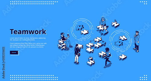 Teamwork isometric landing page. Business people team assembling separated puzzle pieces. Cooperation, partnership, creative collaboration of coworking colleagues concept 3d vector line art web banner