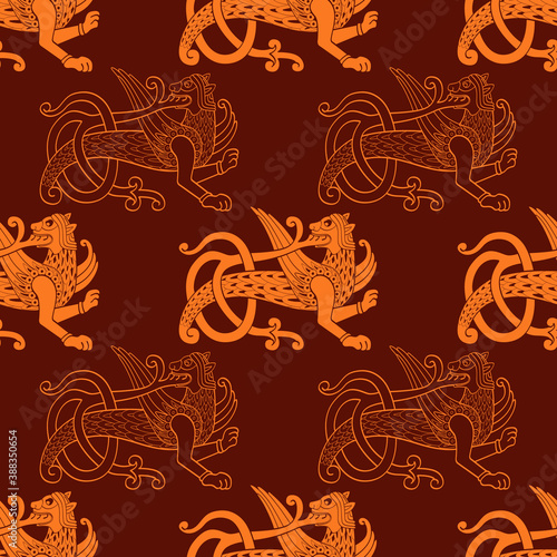 Seamless vector pattern with ancient Slavic symbol Simargl or Chernihiv Beast for your project photo