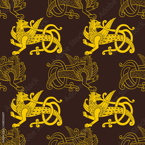 Seamless vector pattern with ancient Slavic symbol Simargl or Chernihiv Beast for your project photo