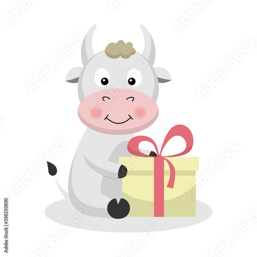 White metal ox, bull, cow sits with a gift, present. The symbol of the 2021 new year. Flat style.
